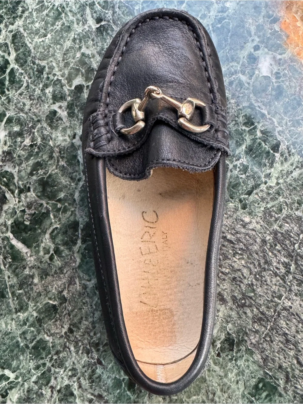 Little Eric Black/Navy blue Leather Loafers with Silver Chain Bit size 25